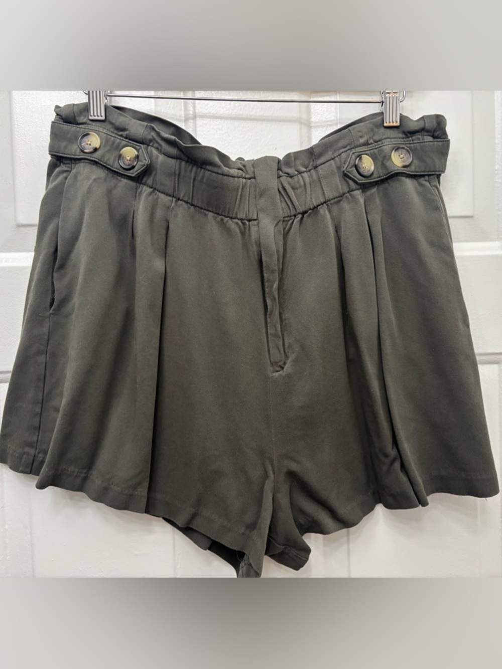 a.n.a Olive Green 100% Rayon High-Waist Paperbag Shorts with Button Tabs